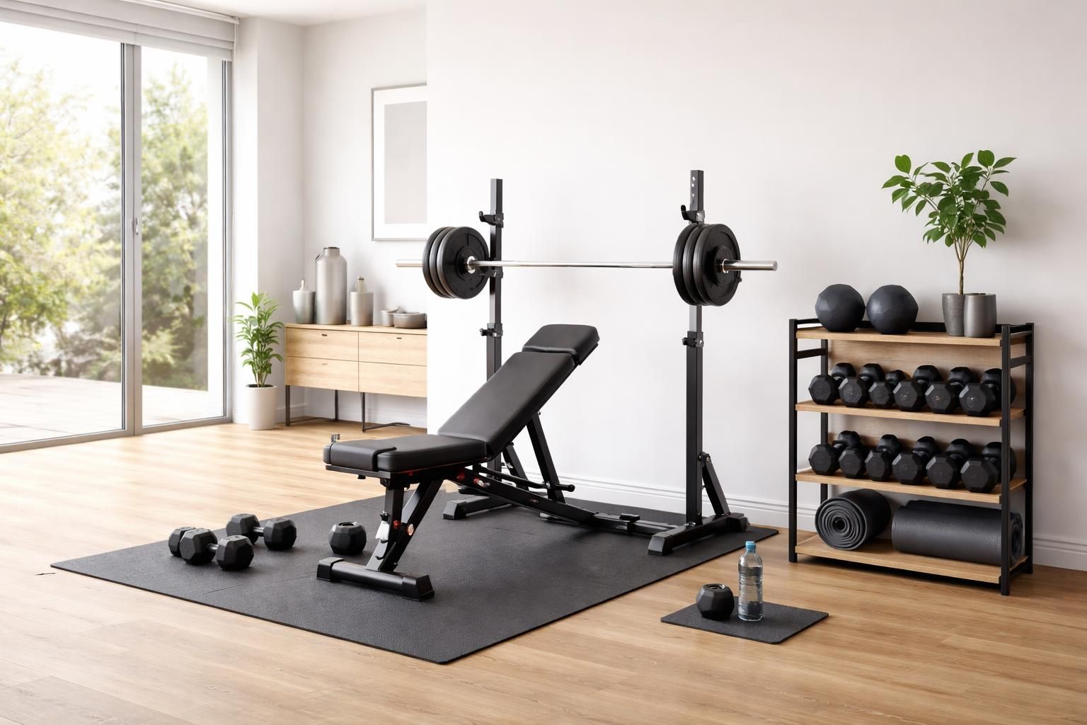 découvrez notre mobilier ergonomique idéal pour votre espace fitness à domicile, incluant un banc ajustable et un rack de rangement compact pour optimiser votre entraînement et votre organisation.