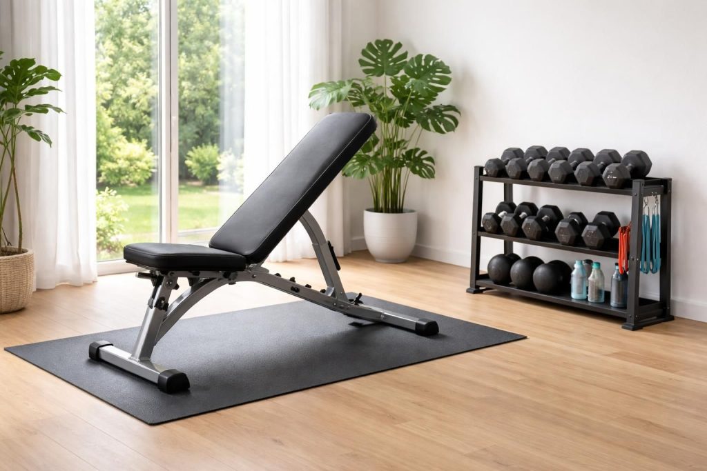 Mobilier ergonomique pour votre espace fitness maison avec banc ajustable et rack de rangement compact