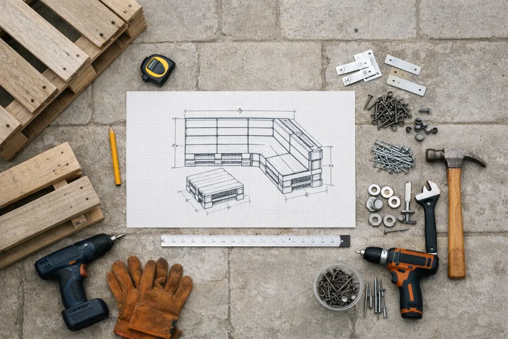 Plan d’un salon de jardin en palettes : dimensions et fixations